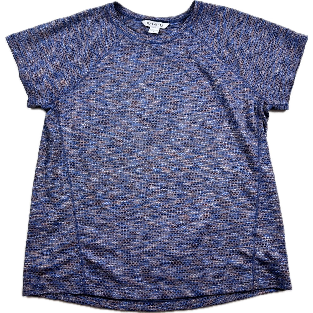 Athleta Womens Blue Space Dye Mesh Knit Short Sleeve Active Top Size S Petite
